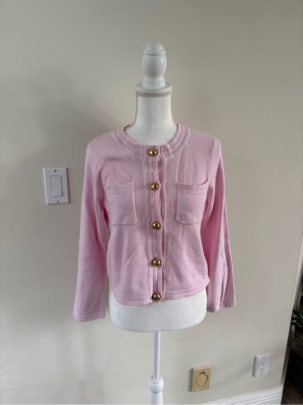 Free Assembly Scallop Trim Gold Button Down Cardigan Sweater XS Pink
